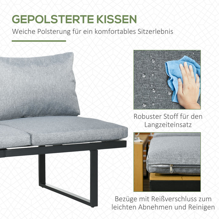 Havemøbelsæt til 3 personer, balkonmøbler med siddehynder, aluminiumsstel, trælook, mørkegrå + natur