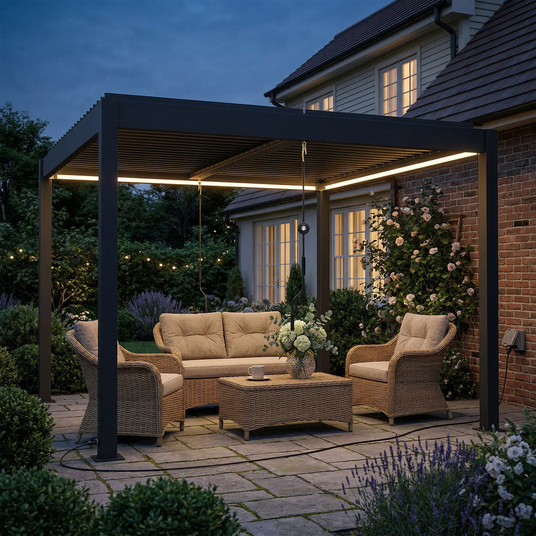 Pergola 3x3 m terrassetag i aluminium med LED-belysning, fjernbetjening, justerbart lameltag