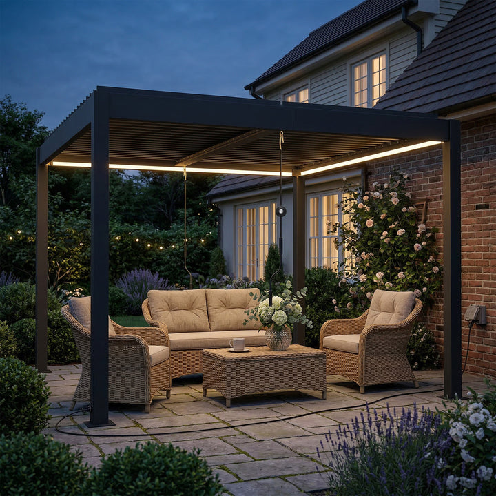 Pergola 3x3 m terrassetag i aluminium med LED-belysning, fjernbetjening, justerbart lameltag