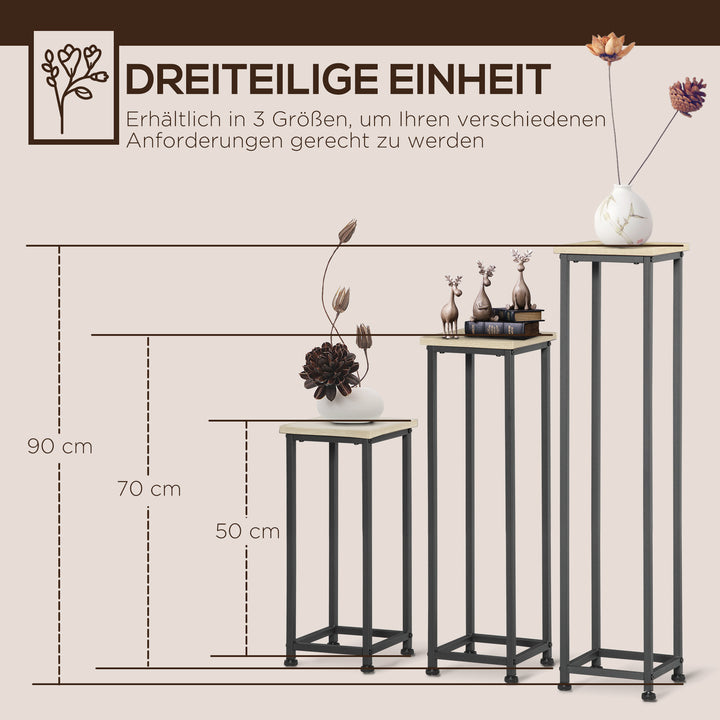 3-Delt sæt stabelbare plantestativer, pladsbesparende, 21 cm x 21 cm x 50/70/90 cm, stål, brun + sort