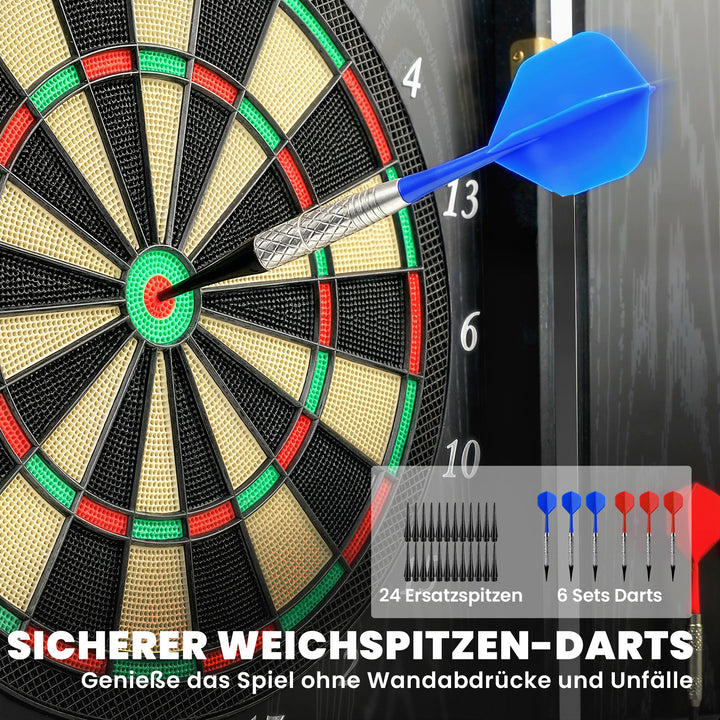 Elektronisk dartskive med døre, trælook, LED-display, stemmemeddelelser, 6 dartpile, 24 udskiftelige spidser
