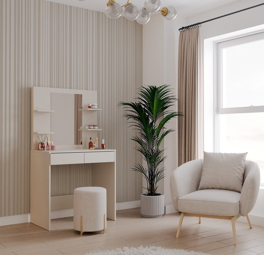 Elegant sminkebord med spejl og 4 hylder, kashmir-farvet