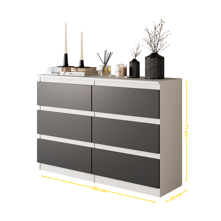 GABRIEL - Kommode / skænk med 6 skuffer - Hvid Mat / Antracit H71cm B100cm D33cm