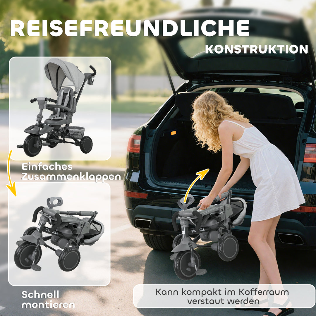 Børnetrecykel, 6-i-1 klapvogn til småbørn, med skubbehåndtag, justerbart sæde, foldbart design, sikkerhedsnet, grå