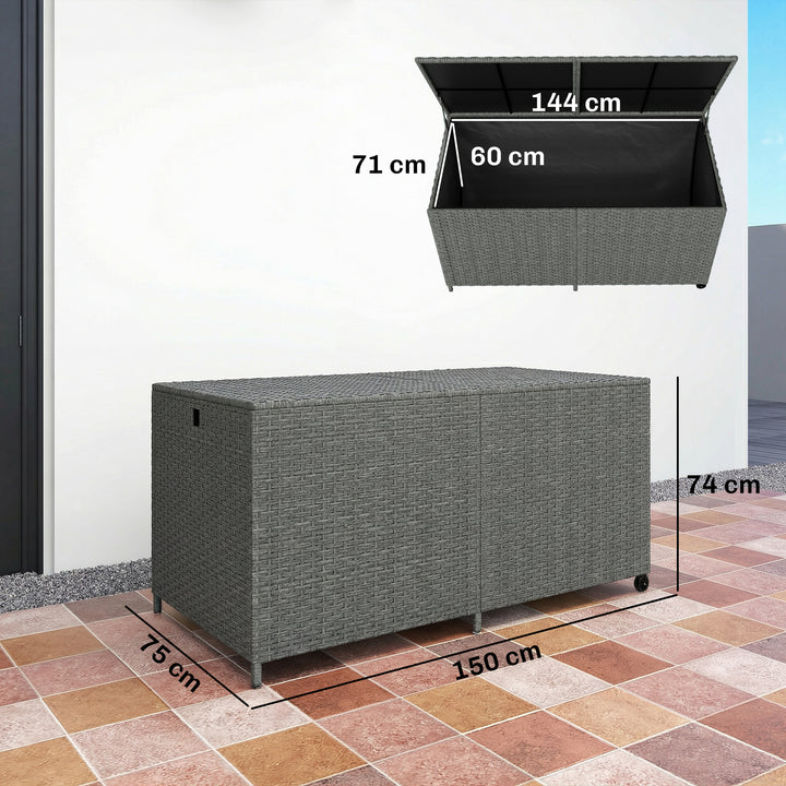 Rattan opbevaringskasse 650L, vejrbestandig, UV-bestandig, hyndekasse med låg, hjul, opbevaringsplads 150 x 75 x 74 cm, mørkegrå