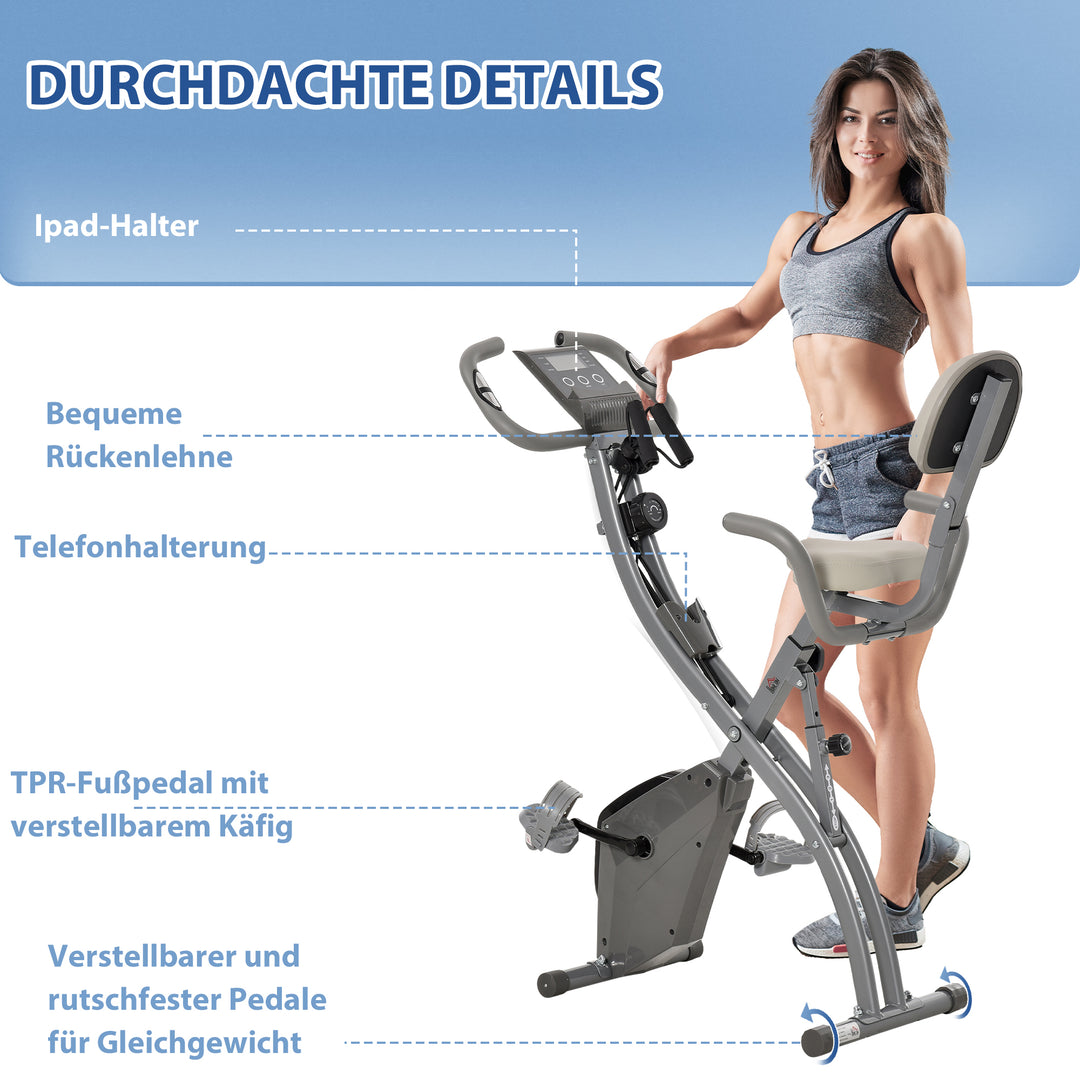 X-bike 2-i-1 motionscykel med lcd-skærm, pulsmåler, foldbar motionscykel med 8 niveauer af magnetisk modstand, 1 par spændereb, stålgrå 105 x 48 x 118 cm