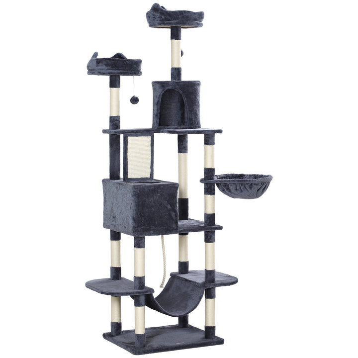Kradsetræ 206 cm kattetårn med hule, 2 legebolde, sisalstolper, platform til store katte, mørkegrå
