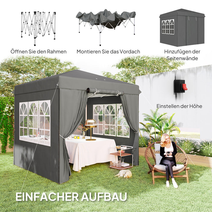 2,5 x 2,5 m pop-up pavillon med sidevægge og bæretaske, UPF50+ højdejusterbart havetelt, mørkegrå