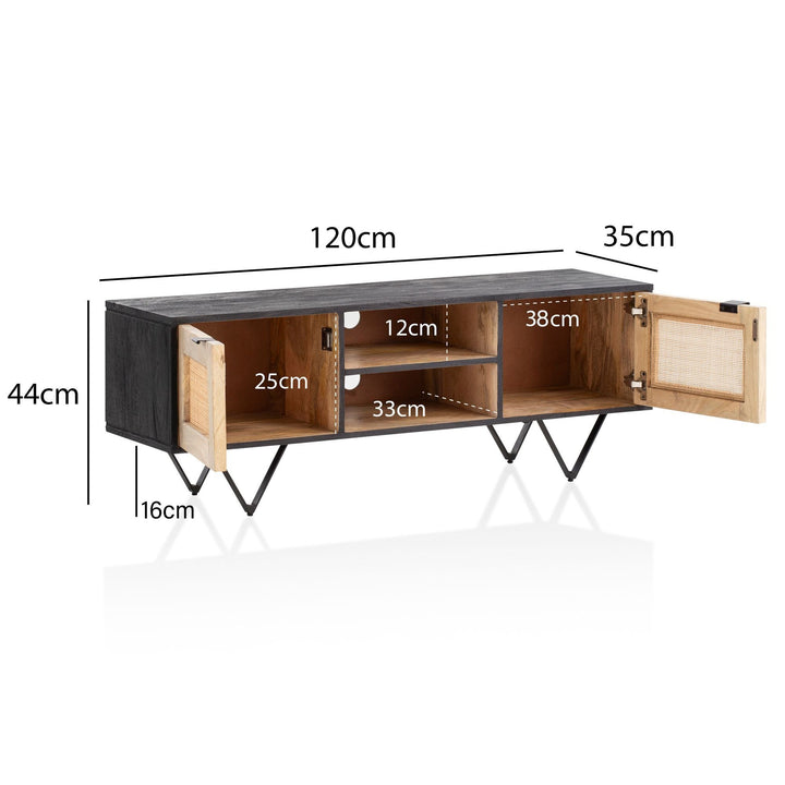 Moderne TV-skab med masser af opbevaringsplads, massivt træ / rattan, 120x44x35 cm, brun og sort