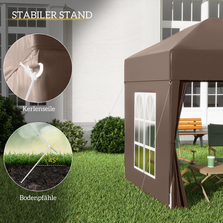 Pop-up-pavillon, øltelt, 4 aftagelige sidevægge, 2 vinduer, metalramme, 2 x 2m, brun
