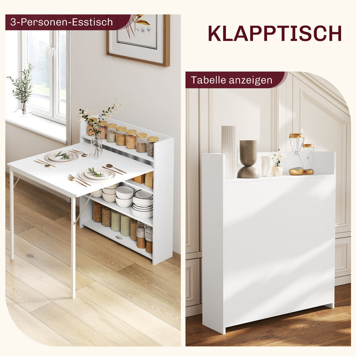 Foldbart spisebord, velegnet til små rum, med 4 diskrete hylder, foldbart køkkenbord, anti-tip funktion, hvid
