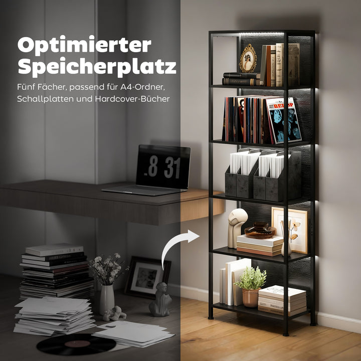 5-etagers bogreol med LED-belysning, 7 lysfarver, til stue, 60 x 30 x 179 cm, sort