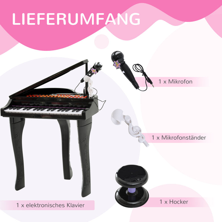 Børnekeyboard med 37 tangenter, skammelklaver med mikrofon, LED-læringstilstand, optagefunktion, klaverinstrument til 3-6-årige børn, sort