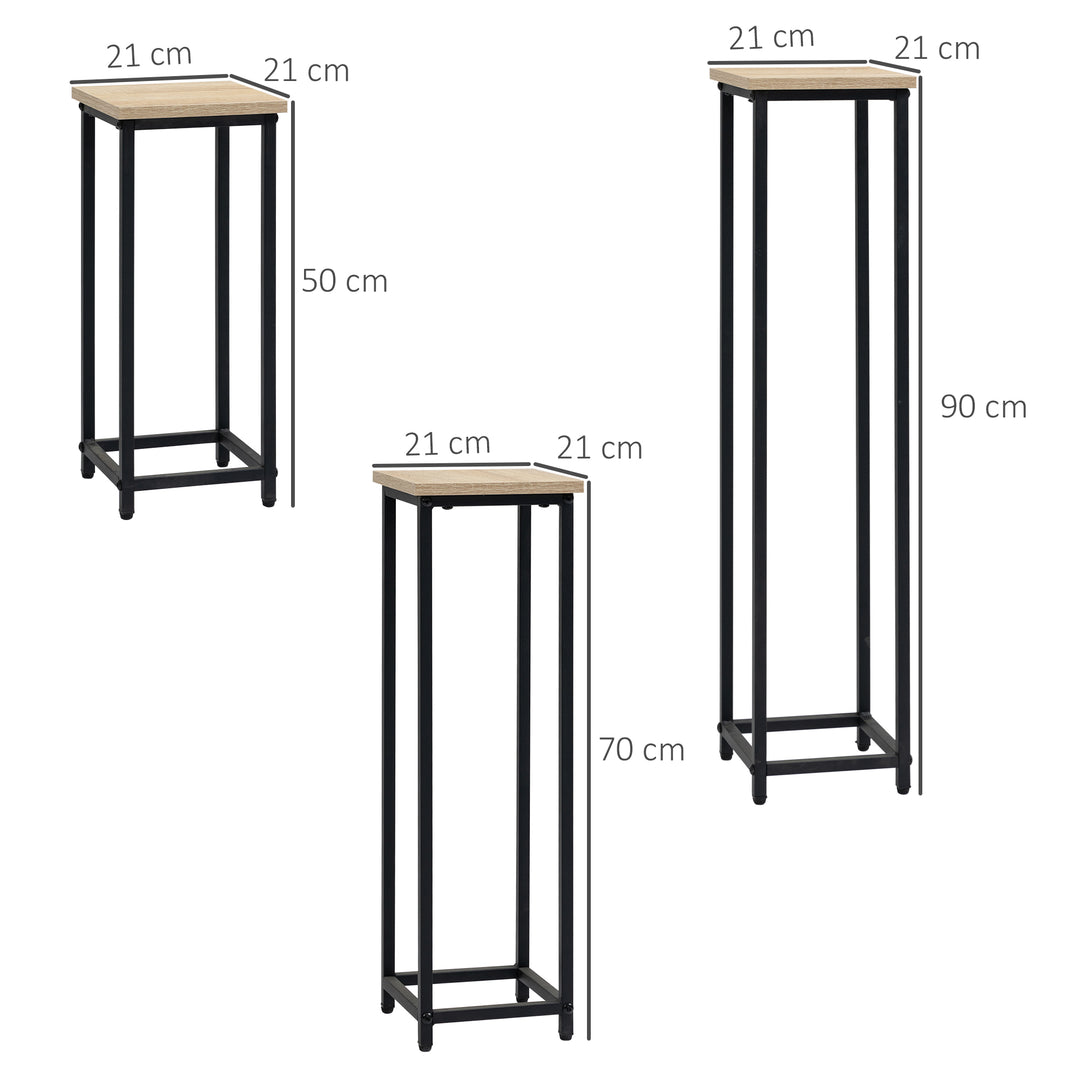 3-Delt sæt stabelbare plantestativer, pladsbesparende, 21 cm x 21 cm x 50/70/90 cm, stål, brun + sort