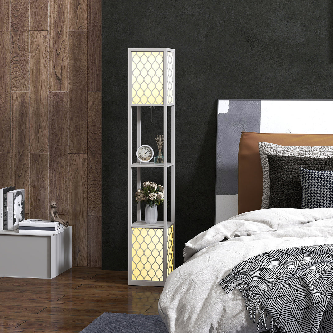Gulvlampe i moderne design, 2 hylder, trækkædeafbryder, 26 cm x 26 cm x 156 cm, sort + hvid
