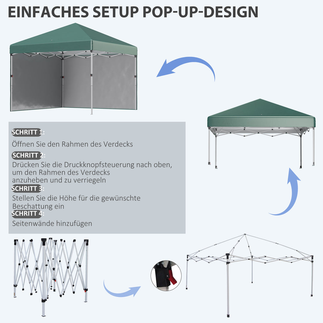 Foldbar pavillon, 2 sidepaneler, højdejusterbar, med bæretaske, stel i rustfrit stål, 3 x 3 m, grøn