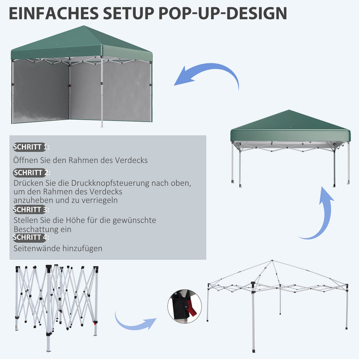 Foldbar pavillon, 2 sidepaneler, højdejusterbar, med bæretaske, stel i rustfrit stål, 3 x 3 m, grøn