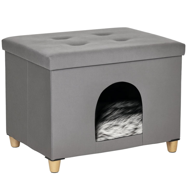 2-I-1 kattehule fodskammel med hynde træben kattehus kattekurv blød polstret fodskammel elegant design aftagelig mdf plys grå 60 x 45 x 44,5 cm