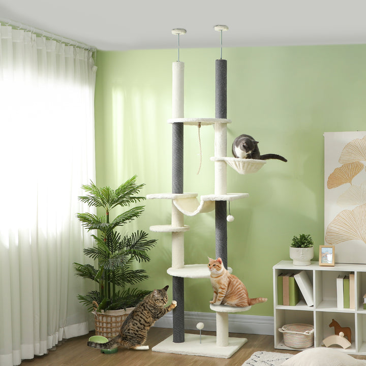 Kradsetræ, lofthøjde, justerbar 225-255 cm, platforme og hængekøjer, anti-tippe, hvid