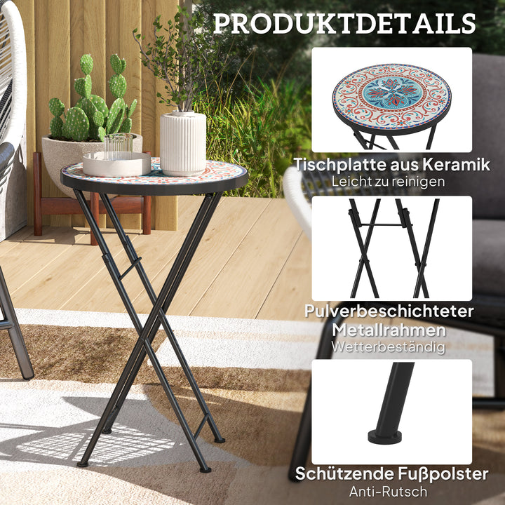 Mosaik havebord, foldbart rundt terrassebord med metalramme og keramisk bordplade, mosaikmønster, flerfarvet