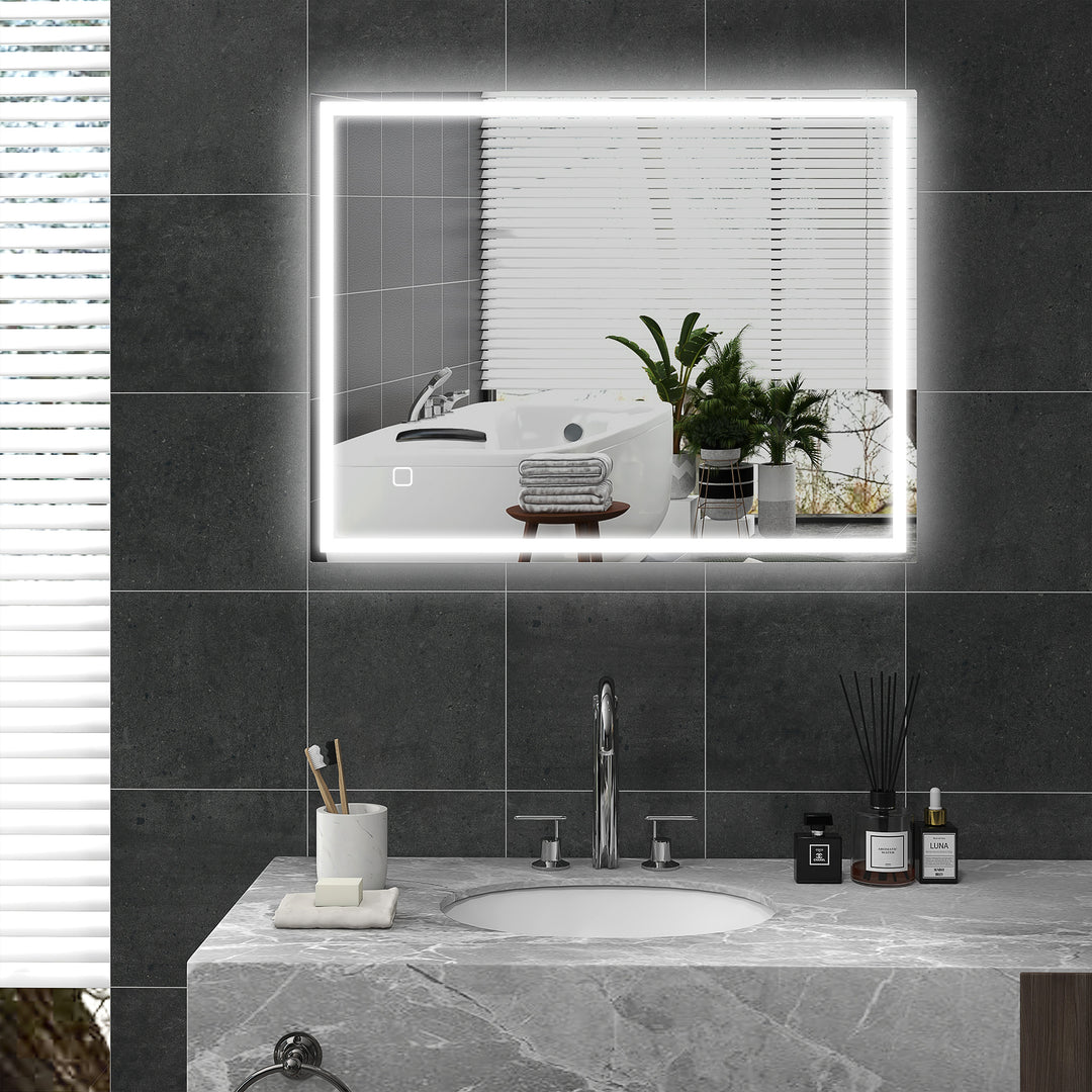 Badeværelsesspejl med belysning 90x70 cm LED-spejl vægspejl med hukommelsesfunktion 3 lysfarver sølv