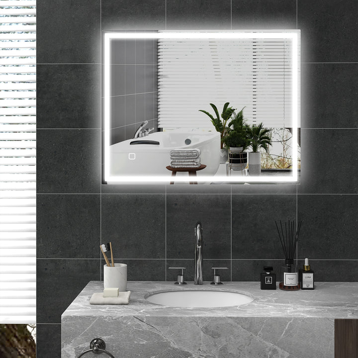 Badeværelsesspejl med belysning 90x70 cm LED-spejl vægspejl med hukommelsesfunktion 3 lysfarver sølv