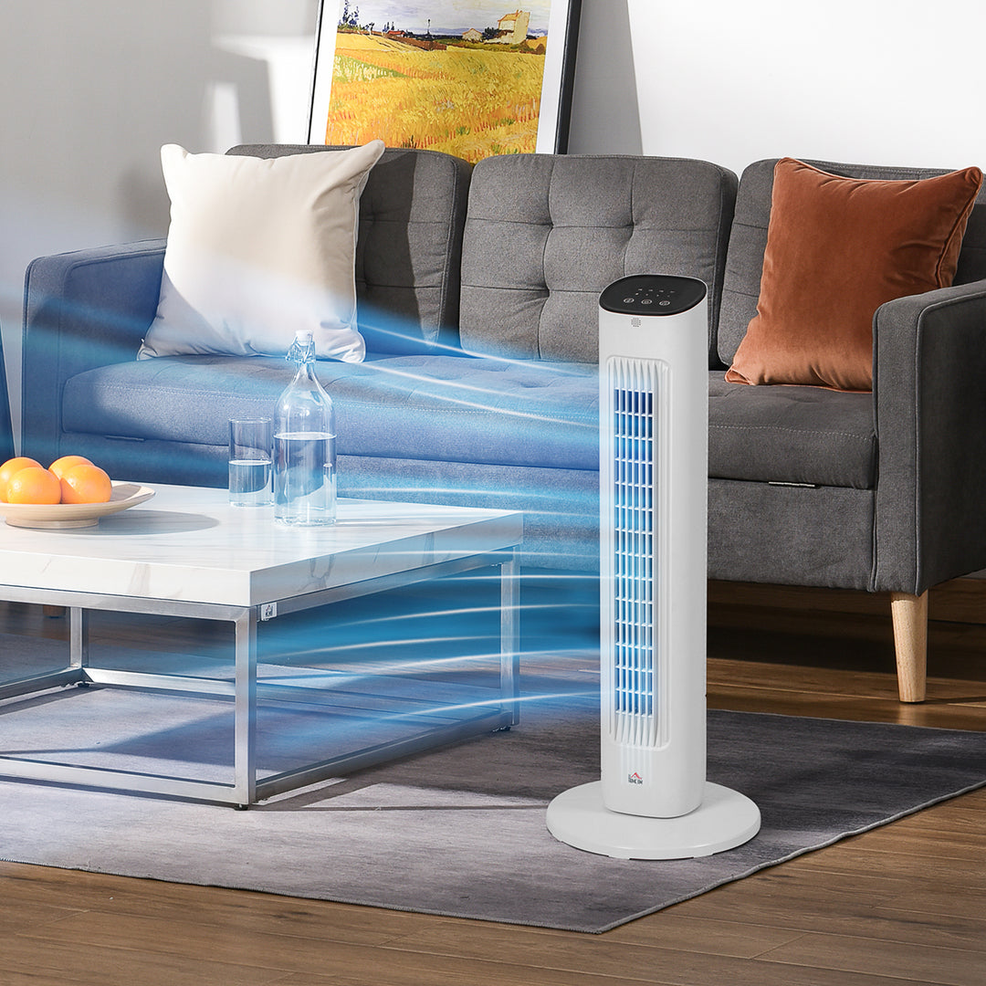 85° oscillerende tårnventilator med fjernbetjening, 3 hastigheder, 2 tilstande, timer, LED-display, 30x30x78 cm, hvid