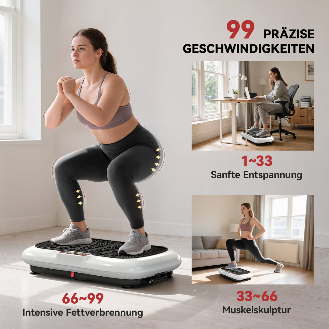 Vibrationsplade med 99 niveauer, 2 fitnessbånd, 73 x 40 x 13 cm, hvid+sort
