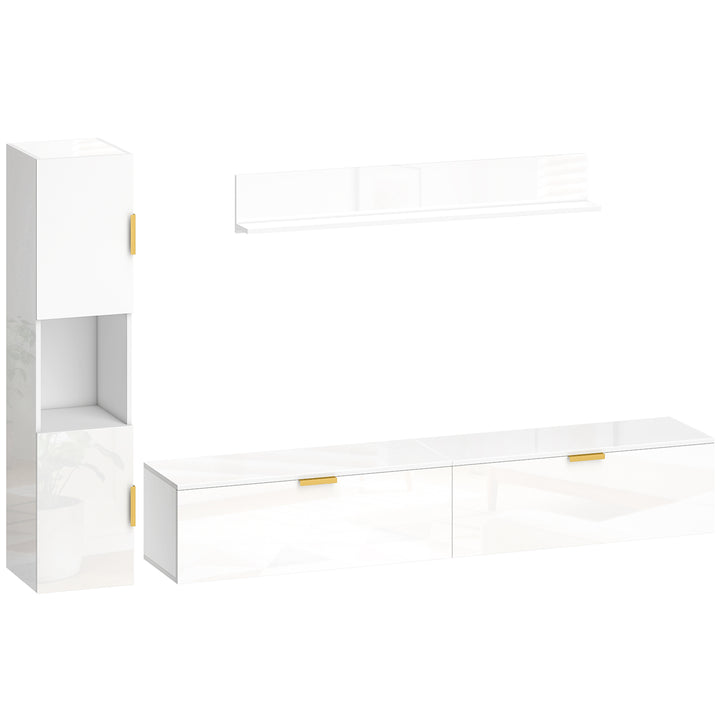 Svævende TV-bord med hængslede døre, underholdningscenter, væghylde, skab, 180 cm, hvid højglans