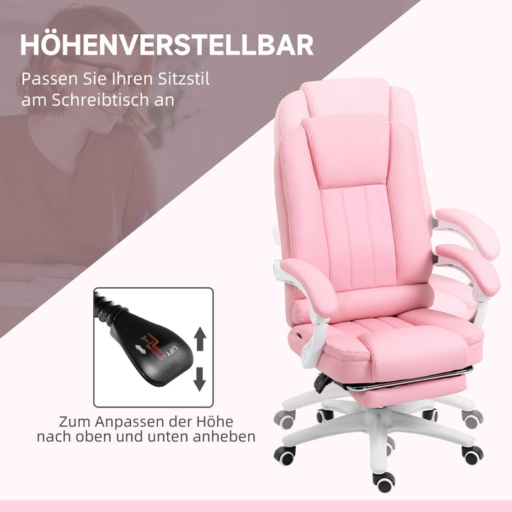 Kontorstol med fodstøtte, justerbar ryglæn, højdejusterbar, 5 hjul, pink + hvid