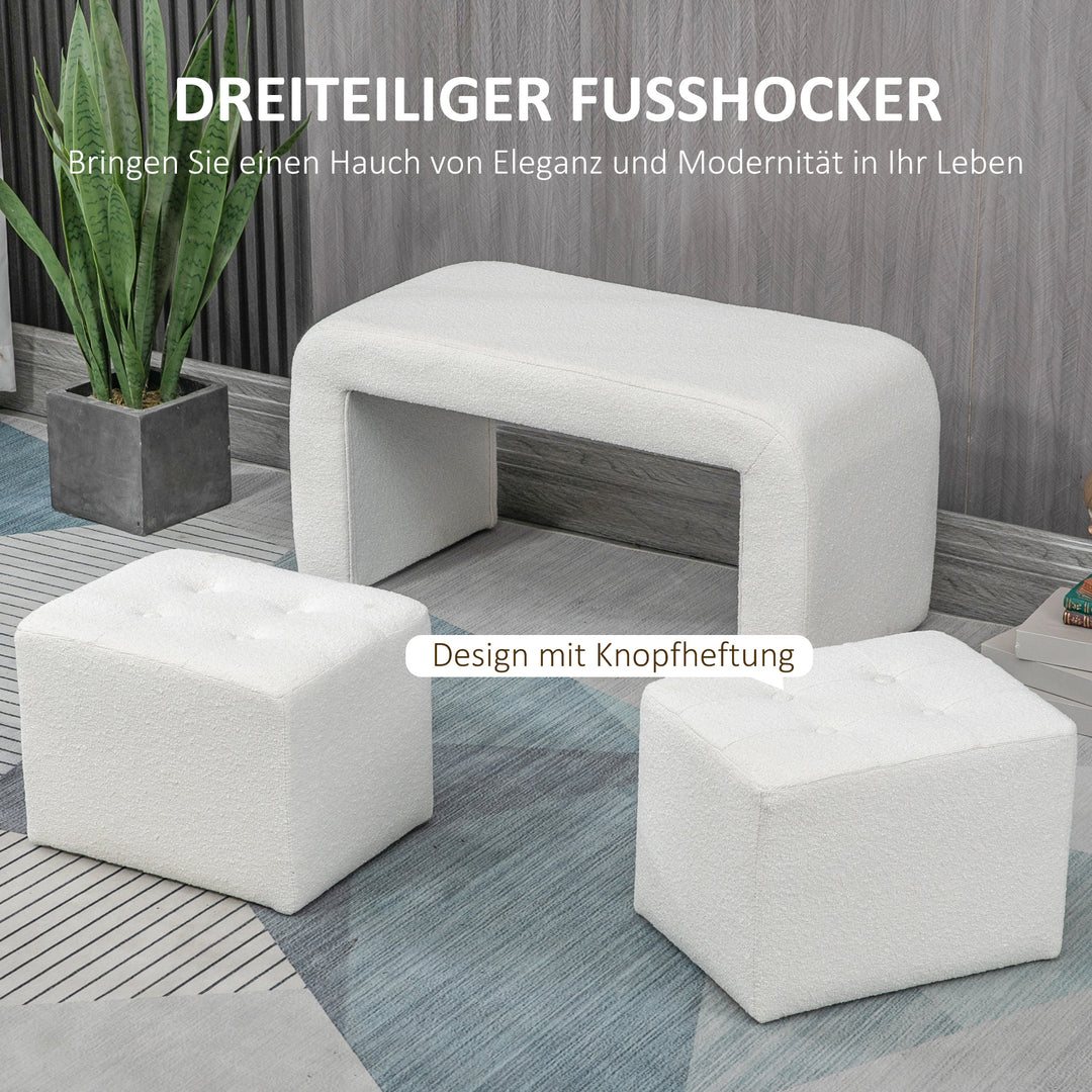 Fodskammelsæt 3-delt fodskammel med knapsøm, 89 cm x 42,5 cm x 45 cm, cremefarvet