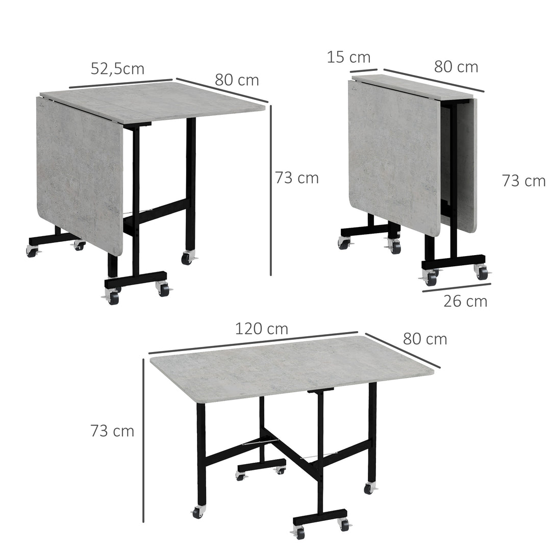 Spisebord til 4-6 personer, klapbord med hjul, stålstel, 52,5-120 x 80 x 73 cm, grå