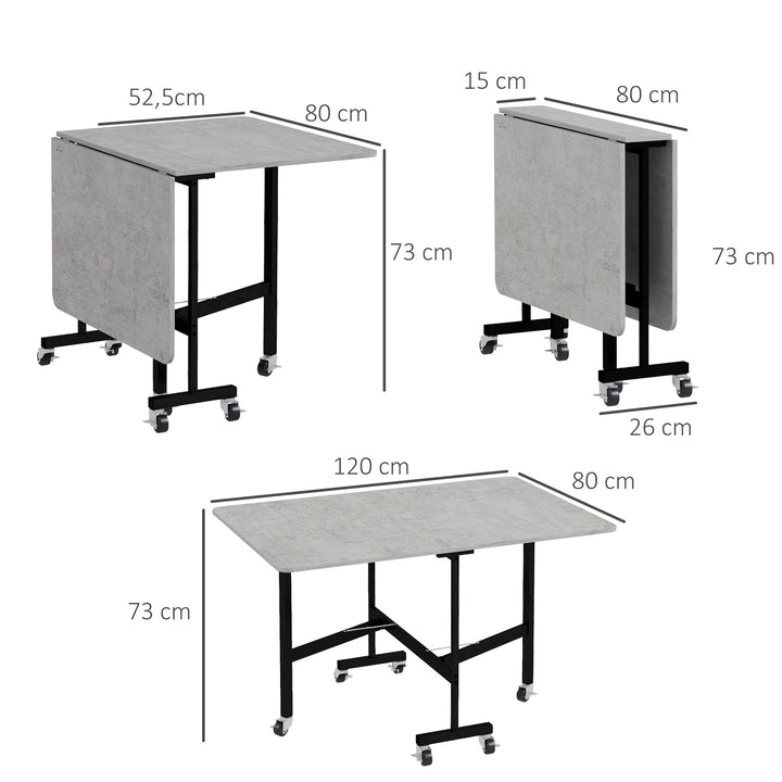 Spisebord til 4-6 personer, klapbord med hjul, stålstel, 52,5-120 x 80 x 73 cm, grå