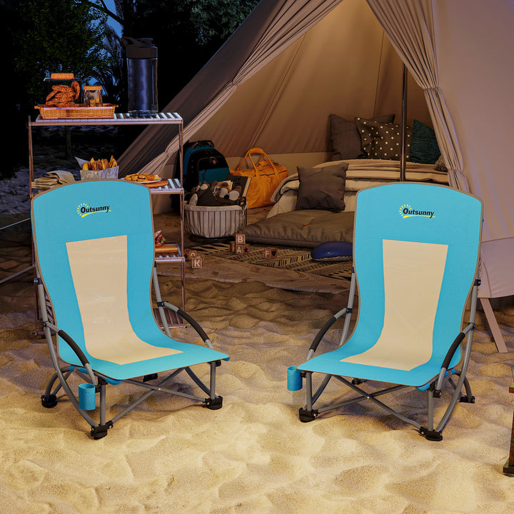 Sæt med 2 foldbare campingstole med kopholder og ryglæn i net, blå