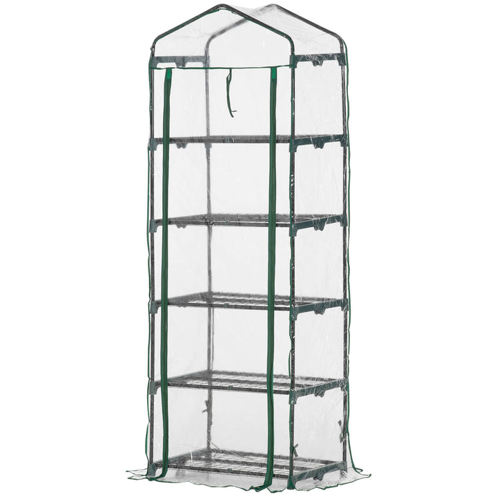 Minidrivhus med 5 hylder til blomster eller grøntsager, transparent+grønt stål, plastik, 69 x 49 x 193 cm