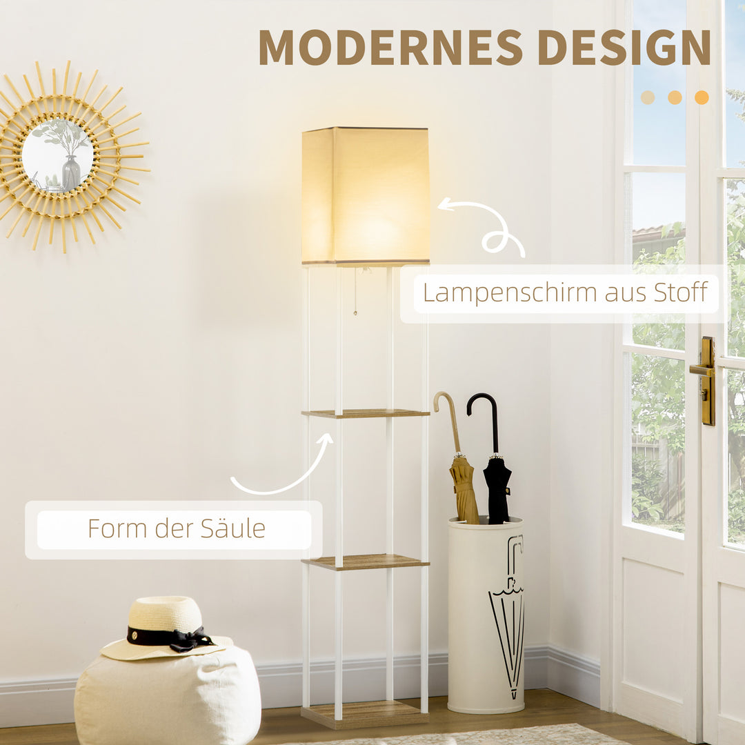 Gulvlampe, loftprojektør, med hylder, metalramme, stofskærm, 26x26x159cm, hvid/brun