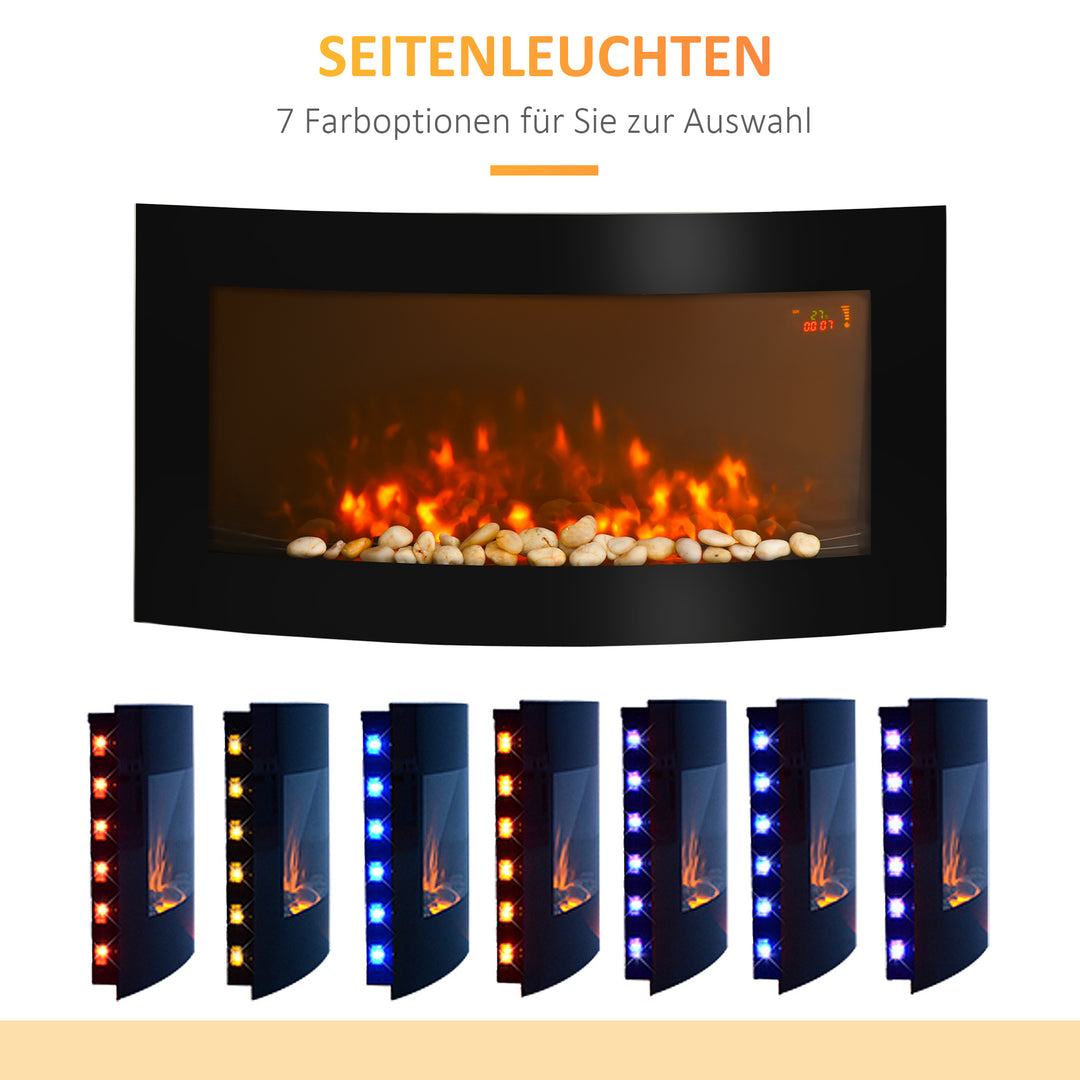 Elektrisk pejs med varmelegeme, vægmonteret pejs med LED-flammeeffekt, 7 flammefarver, 1000/2000 W, elektrisk pejs med timer, justerbar termostat, dekorativ pejs med fjernbetjening, sort, 89,2 cm
