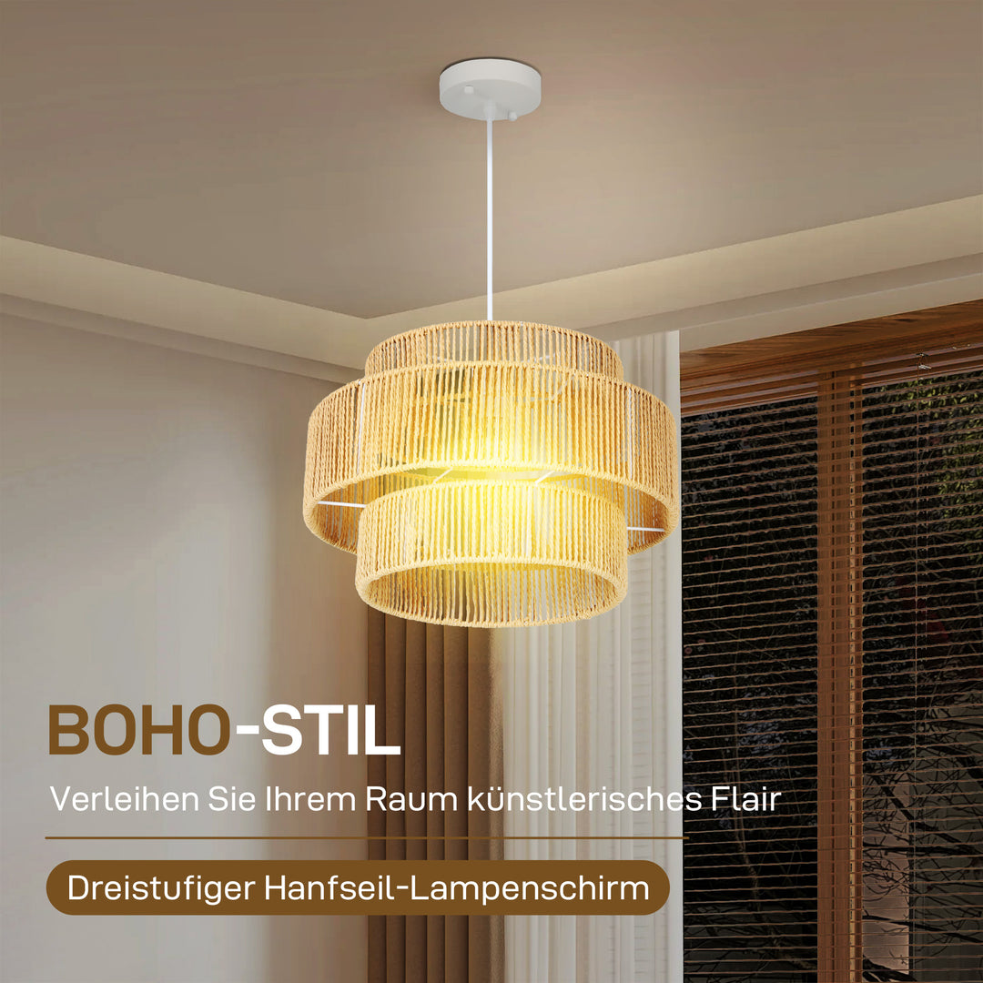Hængelampe, 3-lags lampeskærm, metal, hampereb, lysebrun