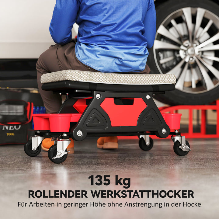 Værkstedsskammel med hjul, 35 cm høj rulleskammel, belastningskapacitet op til 135 kg, grå
