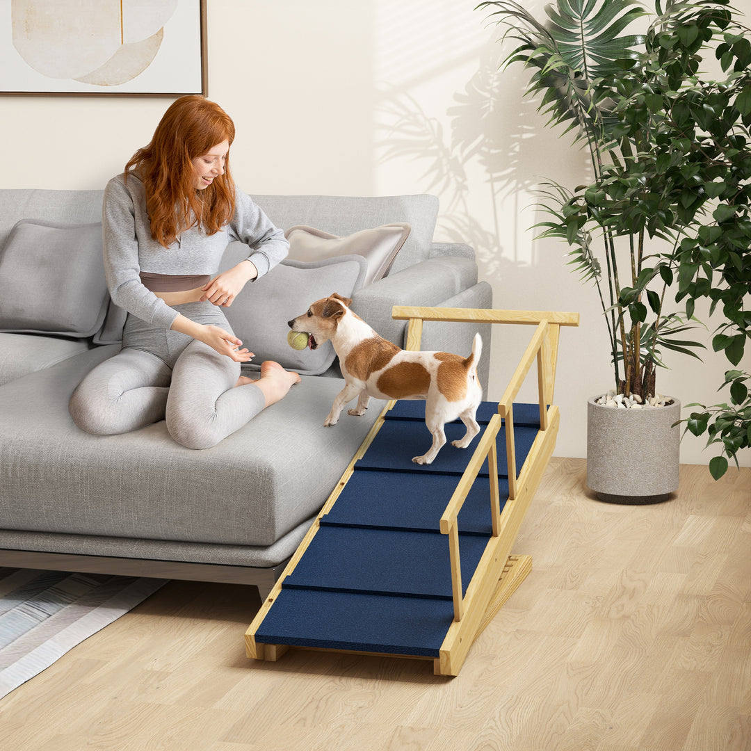 Hunderampe, højdejusterbar, foldbar, med gelænder, til hunde op til 40 kg, træramme, 85 x 40 x 61 cm, sort