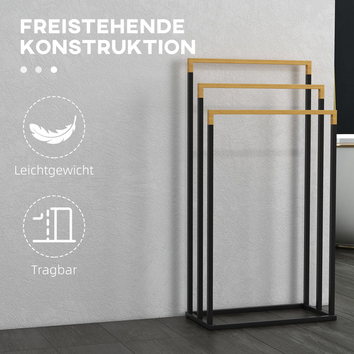 Kleankin håndklædeholder håndklædeholdersæt med 3 håndklædestænger, industrielt design, bambus, 45 x 22,5 x 86 cm, sort + naturlig