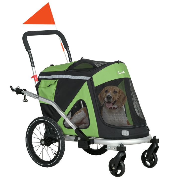2-i-1 hundebåren/hundejogger/cykeltrailer op til 20 kg, 2 reflekser, 1 sikkerhedsline, 150 x 68 x 95 cm, grøn