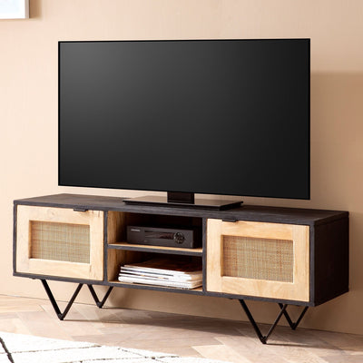 Moderne TV-skab med masser af opbevaringsplads, massivt træ / rattan, 120x44x35 cm, brun og sort