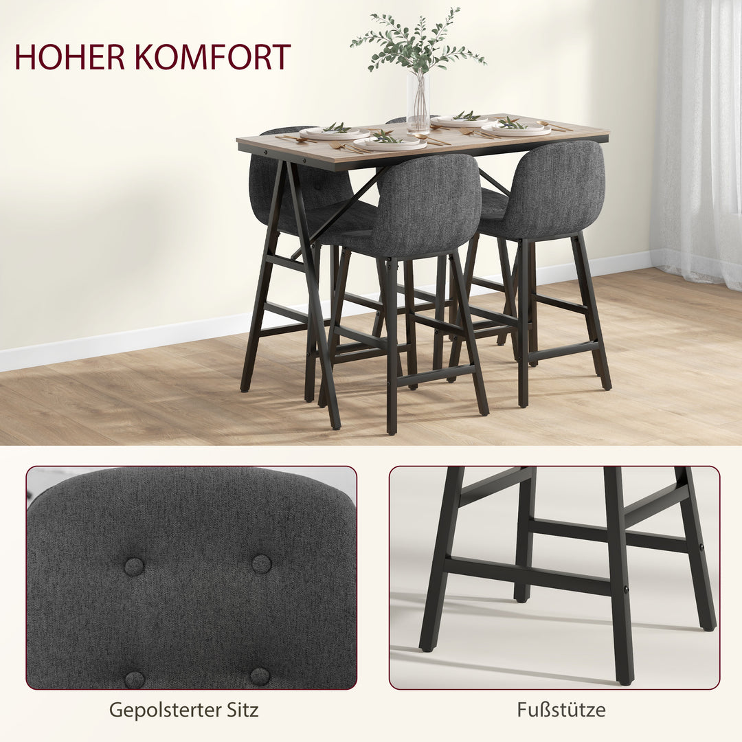 5-Delt barsæt, bord og 4 stole, knapsyninger, tyk polstring, linnedlook, mørkegrå