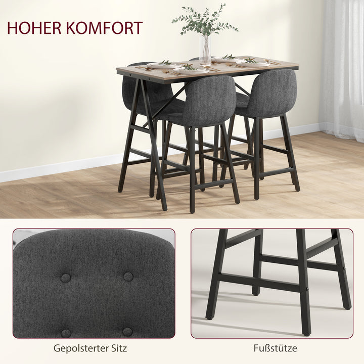 5-Delt barsæt, bord og 4 stole, knapsyninger, tyk polstring, linnedlook, mørkegrå