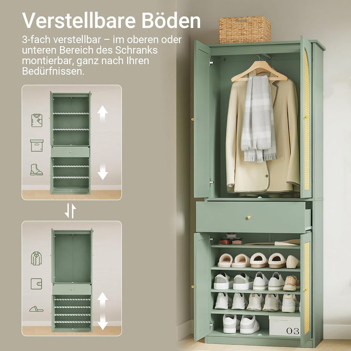 Garderobeskab, 70 x 34 x 180 cm til soveværelse og gang, rattan-look, grøn