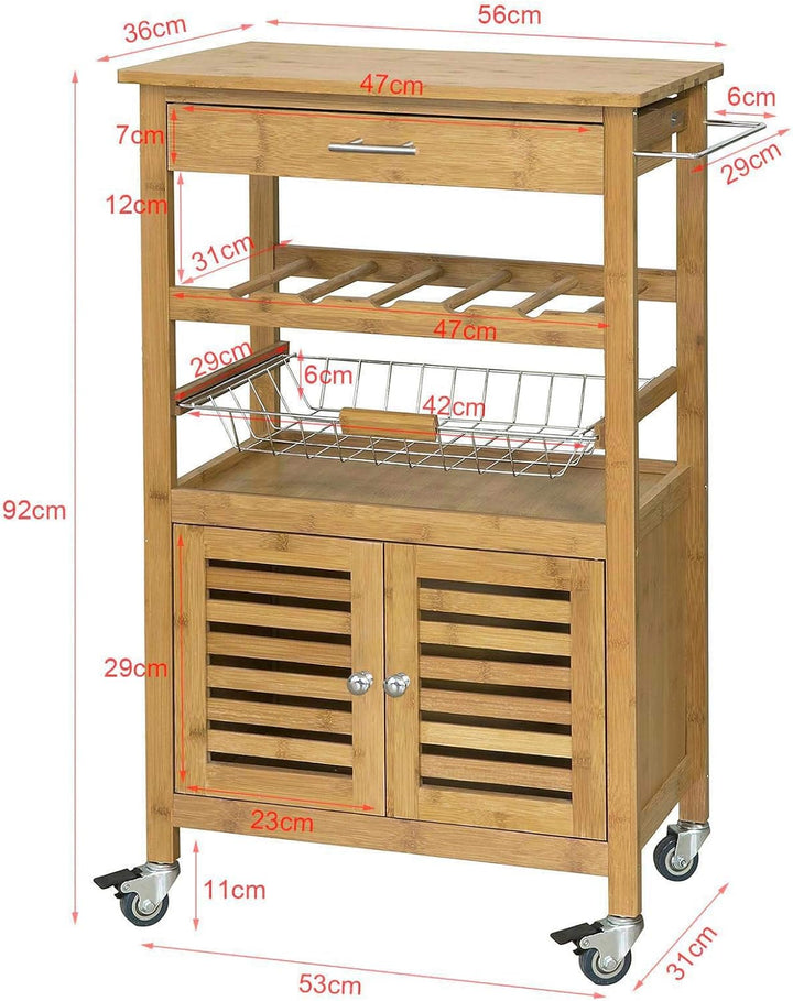 Køkkenvogn i bambus med vinreol, B56 x D36 x H92 cm, naturfarvet