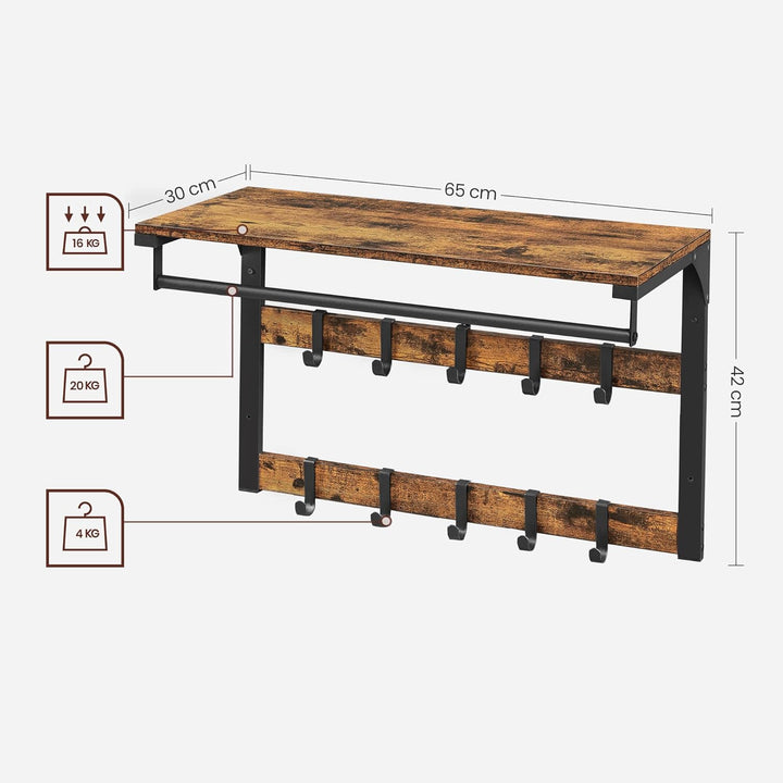Vægmonteret knagerække med hattehylde, 10 kroge, L30 x B80 x H42 cm, brun
