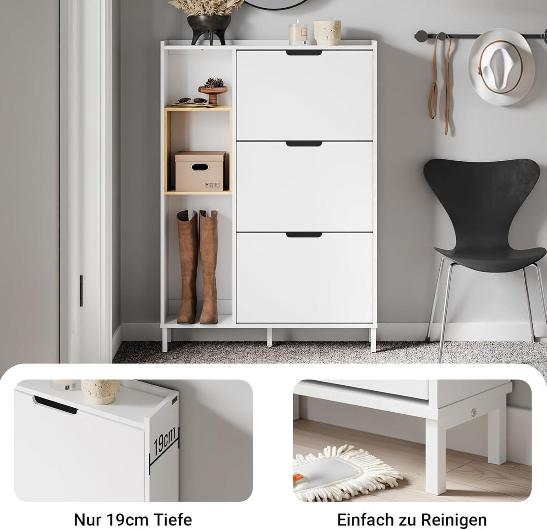 Smalt hvidt skoskab med bambus – kompakt skab med 3 klaplåger og åben træramme, pladsbesparende og ideelt til entré og gang, 90 × 19 × 129,5 cm