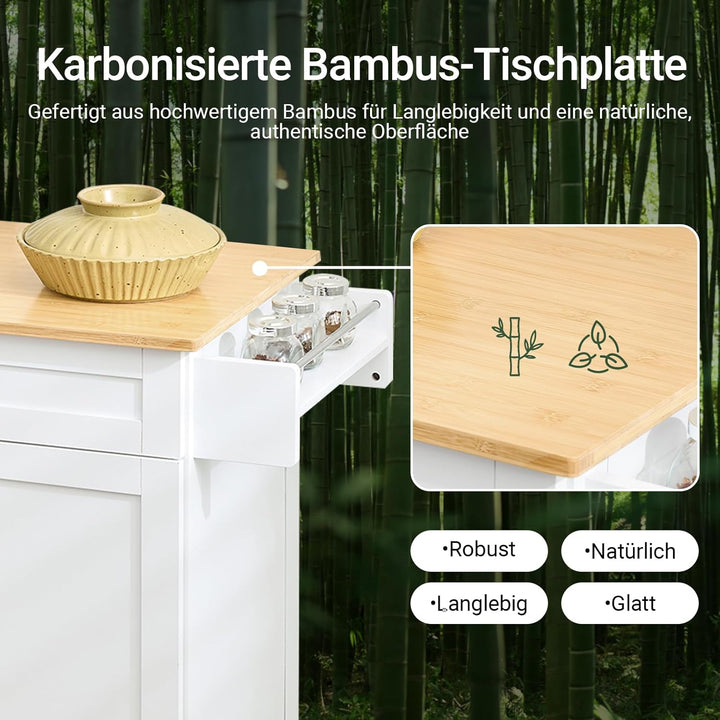Køkkenvogn med bambusbordplade og skab hvid med naturfarvet bordplade